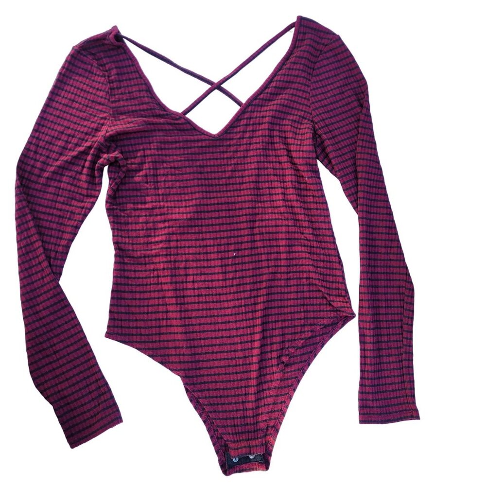 Striped Burgundy & Black Long Sleeve Women Bodysuit With Cross Back/ Medium